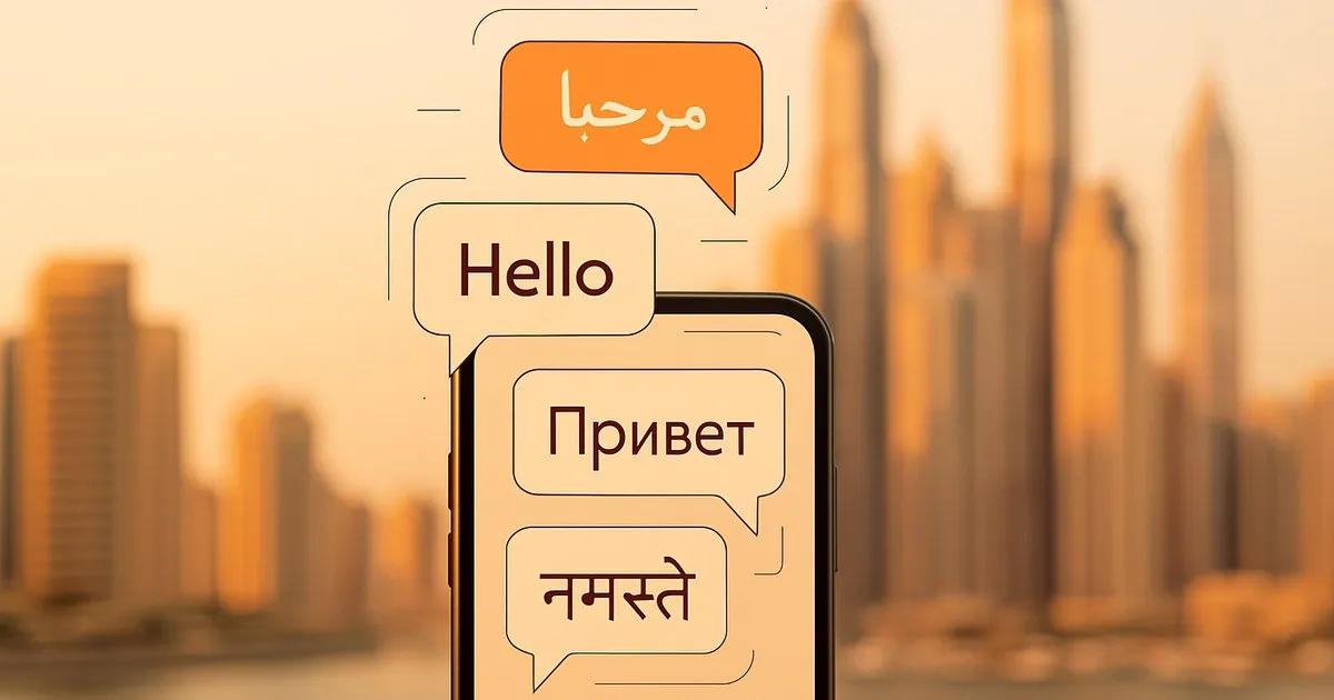 Smartphone displaying multilingual chat bubbles in Arabic, English, Russian, and Hindi scripts against a warm Dubai skyline backdrop